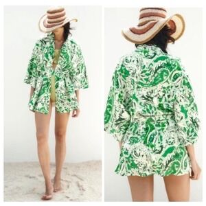 Zara‎ Green Abstract Print Linen Blend Belted Kimono Jacket M-L NWT